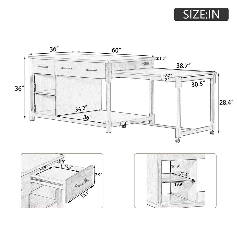 Extendable Kitchen Island with Built-In Power Outlets and Open Shelves