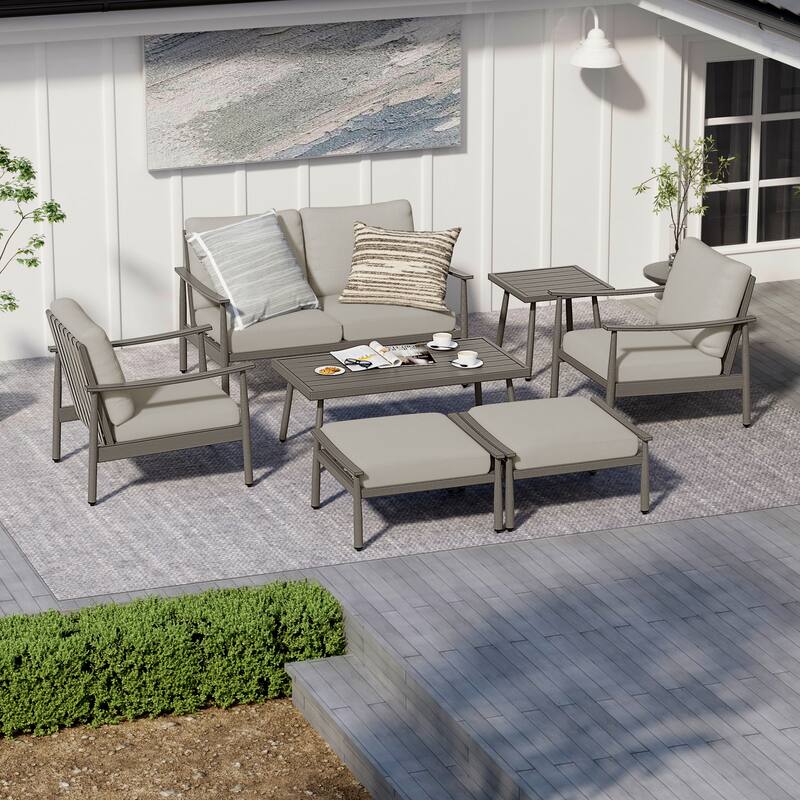 7-Piece Aluminum Patio Conversation Set, Loveseat with Ottomans and Coffee Table