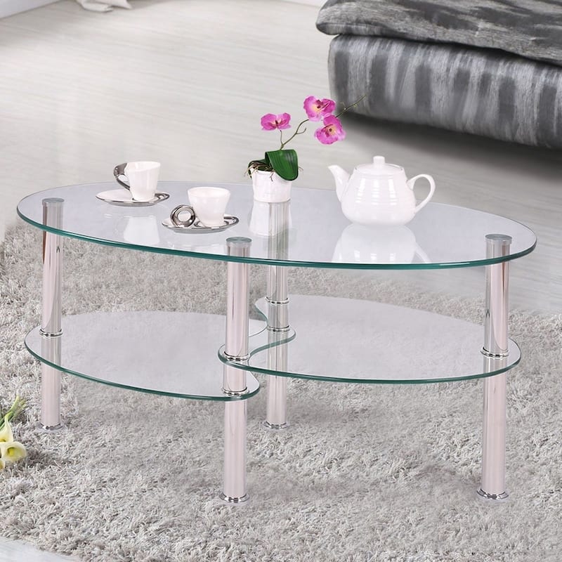 Modern Oval Tempered Glass Coffee Table with Bottom Shelf - 35" x 20" x 18"