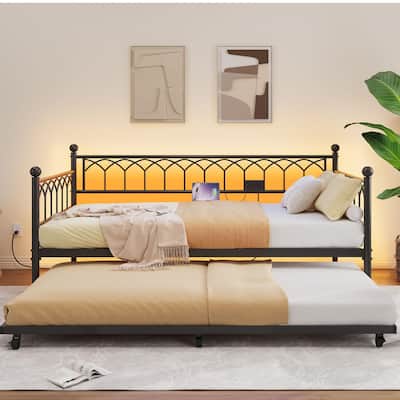 Heavy Duty Metal Platform Sofa Bed Frame, with Charging Station and LED Lights