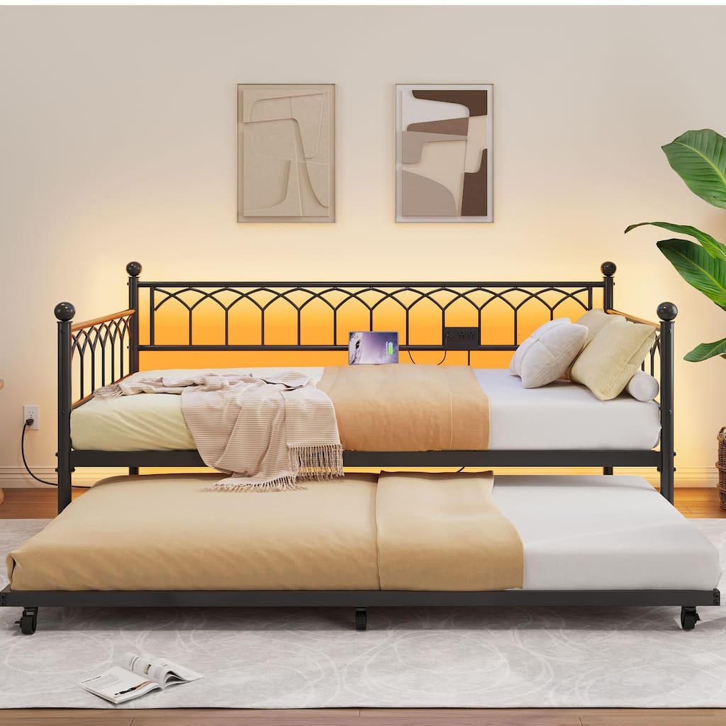 Heavy Duty Metal Platform Sofa Bed Frame, with Charging Station and LED Lights