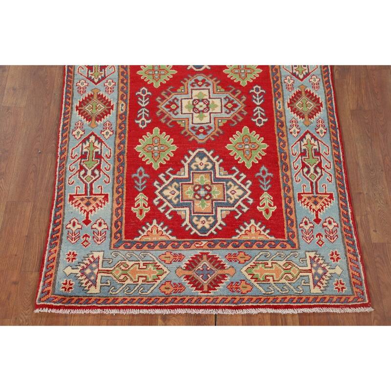 Geometric Red Kazak Accent Rug Hand-Knotted Wool Carpet - 3'2" x 4'11"