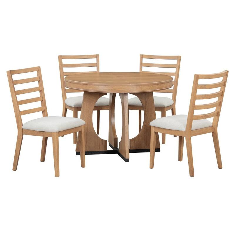 5-Piece Solid Wood Retro Rustic Functional Dining Set with 16" Removable Middle Leaf