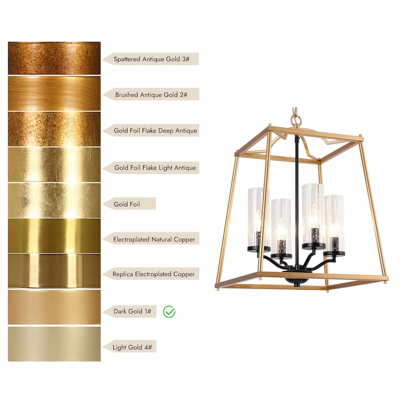 Modern 4-Light Gold Glass Chandelier Lantern Pendant Light for Dining Room - 14" L x 14" W x 19" H