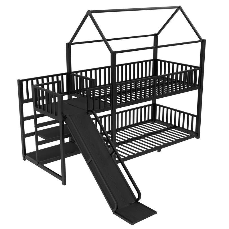 Modern Metal House Bunk Bed with Safety Guardrails, Heavy Duty Metal House Bed Frame with Storage Shelves and Slide