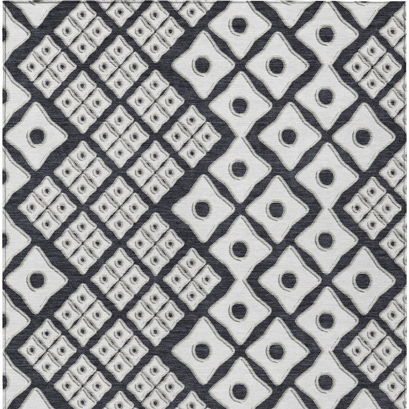 Black And Ivory Geometric Washable Indoor Outdoor Area Rug - 5' X 8'