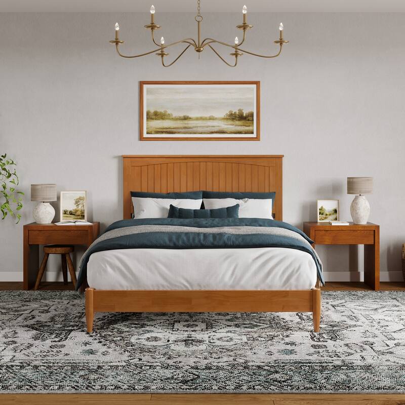 Queen Size Wood Platform Bed - Low Profile Modern Bed Frame with USB Ports & Headboard