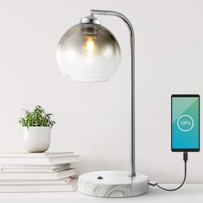 Penta 20" Industrial Contemporary Iron/Glass LED Task Lamp with USB Charging Port, Chrome/Smoke Gray by JONATHAN Y