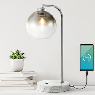Penta 20" Industrial Contemporary Iron/Glass LED Task Lamp with USB Charging Port, Chrome/Smoke Gray by JONATHAN  Y