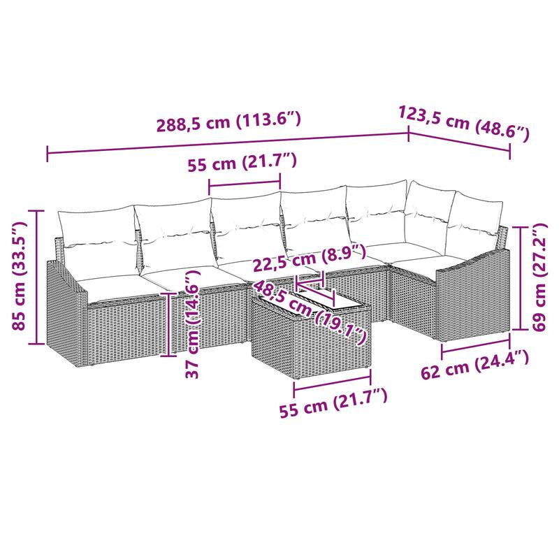vidaXL 7 Piece Garden Sofa Set with Cushions - 113.6×48.6×27.2