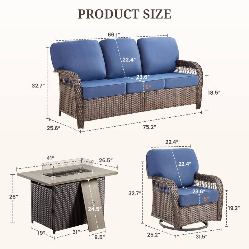 Pocassy Outdoor Fire Table with Swivel Chair Sofa Funiture Set.