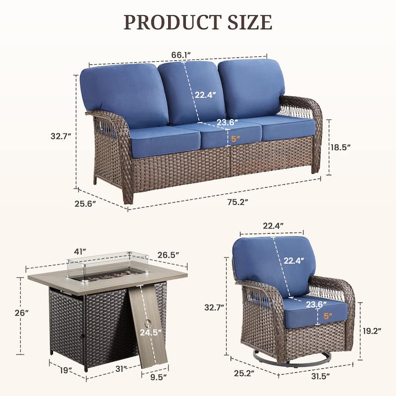 Pocassy Patio Sofa Ottoman Swivel Chair Table with Fire Table Set.