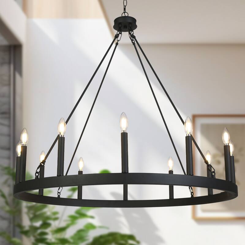 Modern Transitional Black 12-Light Wagon Wheel Chandelier for Living Dining Room - W39.4"*H36.6"