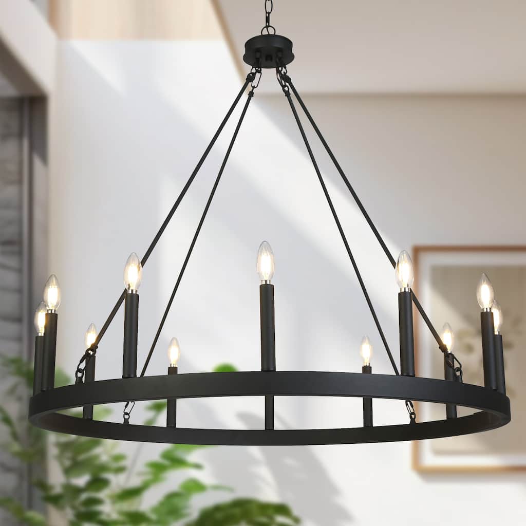 Modern Transitional Black 12-Light Wagon Wheel Chandelier for Living Dining Room - W39.4"*H36.6"