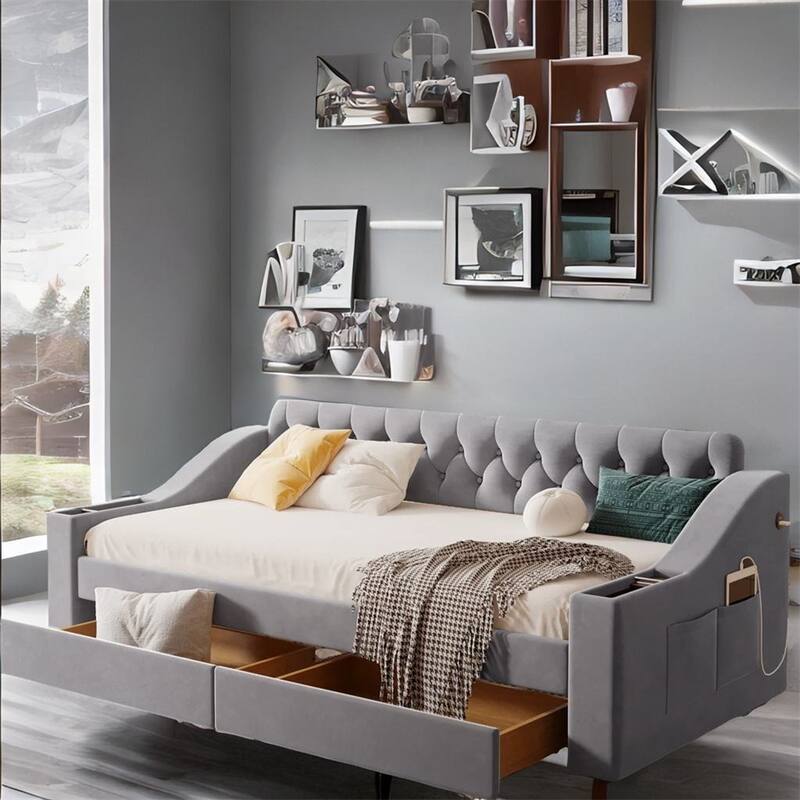 Twin Size Velvet Upholstered Daybed with Storage Armrests and USB Port - Gray