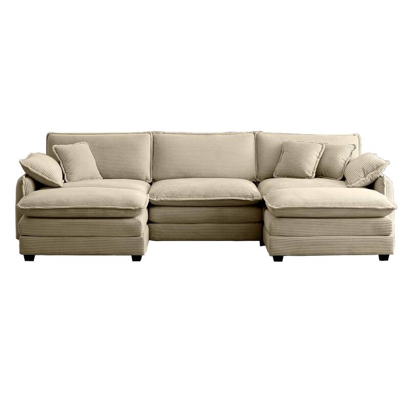 Tan 5-piece Corduroy Upholstered U-Shaped Modular Sectional Sofa with 2 Removable Ottoman, 5 Pillows, and Free Combination