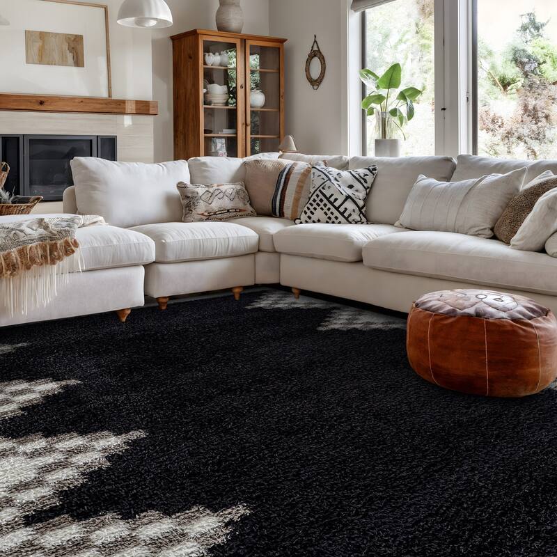 Geometric Shag Rug - Soft & Stylish - Anthracite Dark Gray - Medium Pile, Easy to Clean