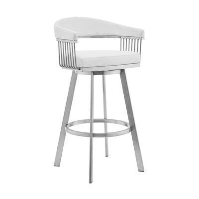 30" Mod White Faux Leather Brushed Silver Finish Swivel Bar Stool - 38" x 22" x 21"