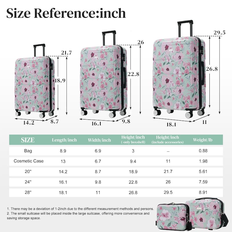 Luggage Sets New Model PC 5pcs, Hardside Lightweight Durable 20IN 24IN 28IN Suitcases with 8" 14" Cases with Lock Spinner Wheels