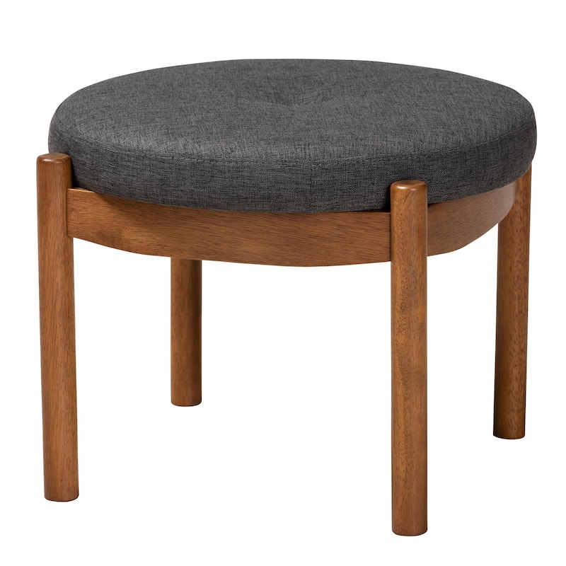 Iliana Japandi Dark Grey Fabric and Walnut Brown Finished Wood Ottoman Footstool - Dark Grey, Walnut Brown