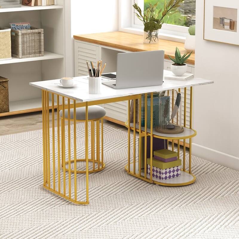 Gymax 3 Piece Dining Table Set w/ 2 Stools 2-tier Storage Shelf