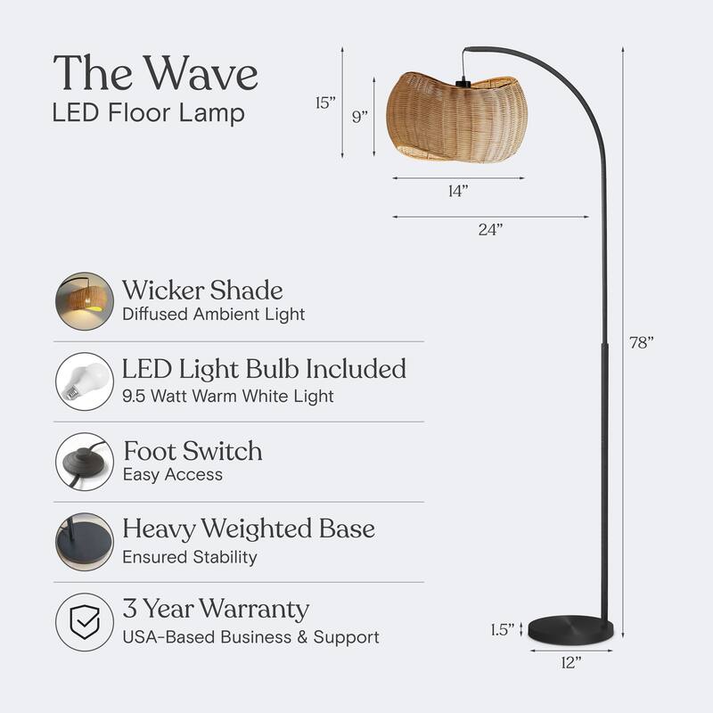 Brightech Wave 81 in. Mid-Century Modern LED Super Bright Floor Lamp with Beige Bamboo Drum Shade