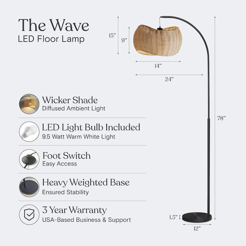 Brightech Wave Pendant 78" Classic Matte Black Mid-Century 9W 800Lm 3000K LED Modern Arc Floor Lamp With Beige Rattan Drum Shade