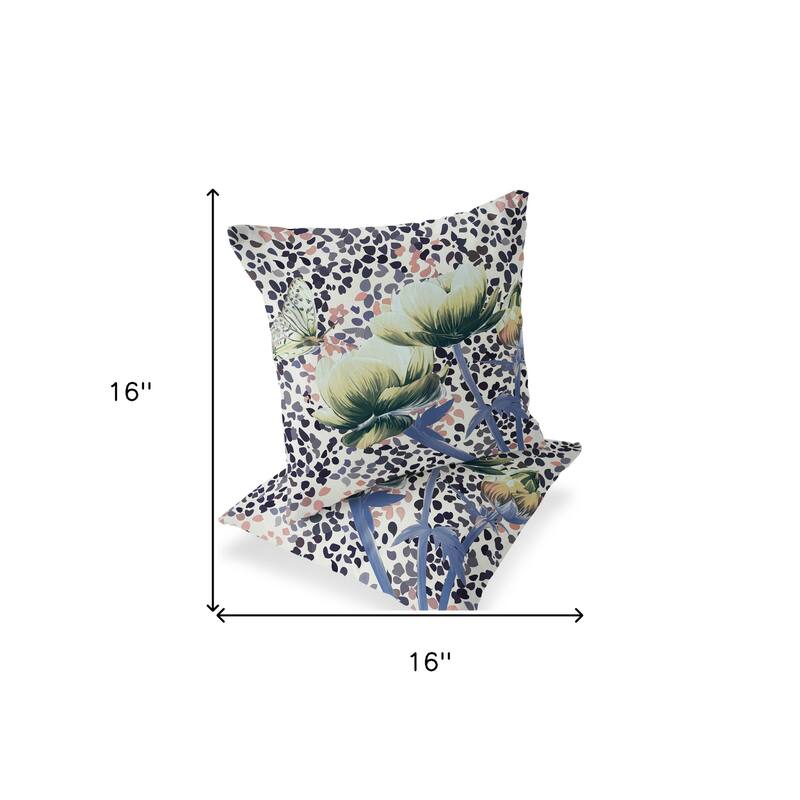 HomeRoots Set of Two 16" X 16" Blue and Green Butterfly Blown Seam Floral Indoor Outdoor Throw Pillow - 16.00' X '16.00' X '5.00