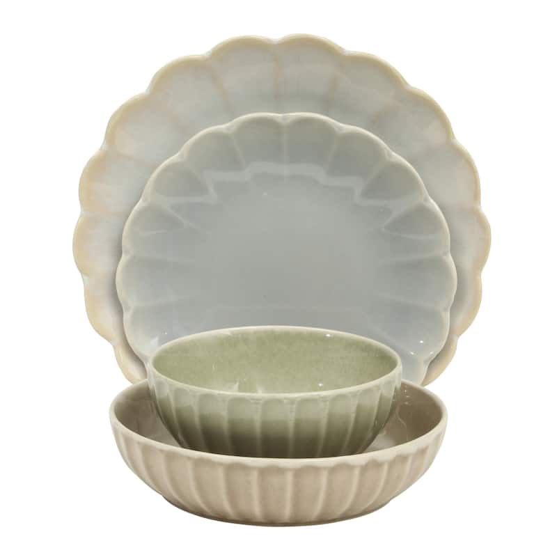 Gibson Elite Malibu Shore 16 Piece Scallop Stoneware Reactive Glaze (Service for 4) Ceramic Plates and Bowls Dinnerware Set