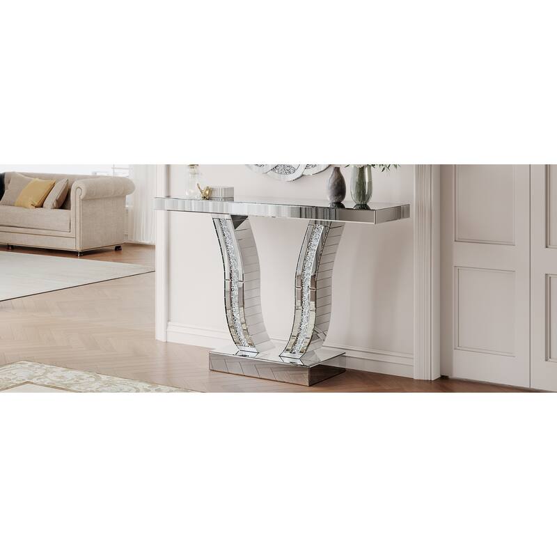 43 Inch Mirrored Console Table, Modern Silver Entryway Sofa Table with Curved Stone-Inlaid Legs, Silver Glam Entryway Table