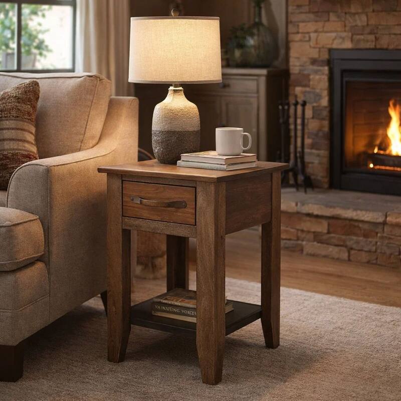 Tacey Chairside Table, 1 Drawer, 1 Shelf, Peanut Brown Wood, 18 Inch