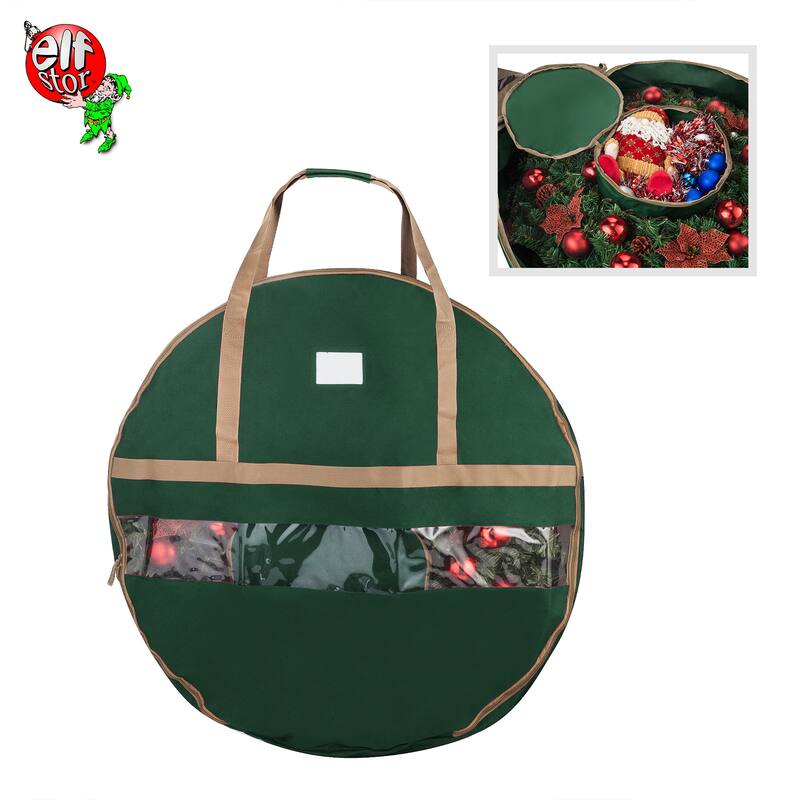 Wreath Storage Container - Holds 48-Inch Artificial Wreath with Compartment for Ornaments by Elf Stor (Green) - Green
