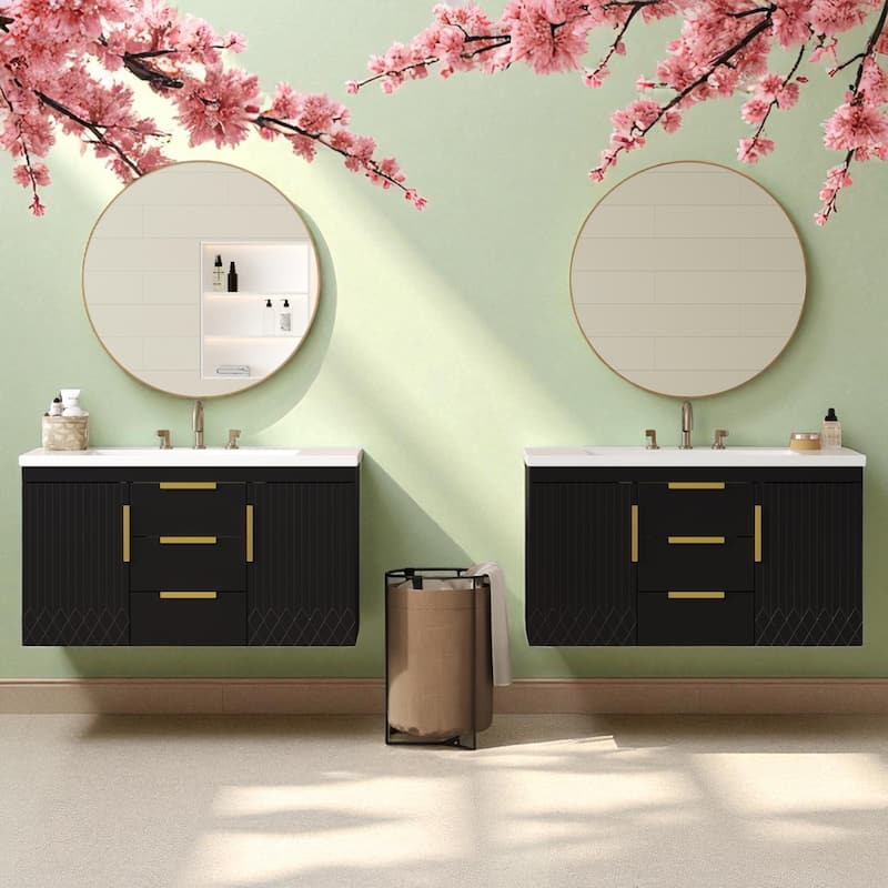 72" Floating Bathroom Vanity with Double Resin Sinks, Wall Mounted Cabinet with 4 Drawers, Modern MDF Storage - Black