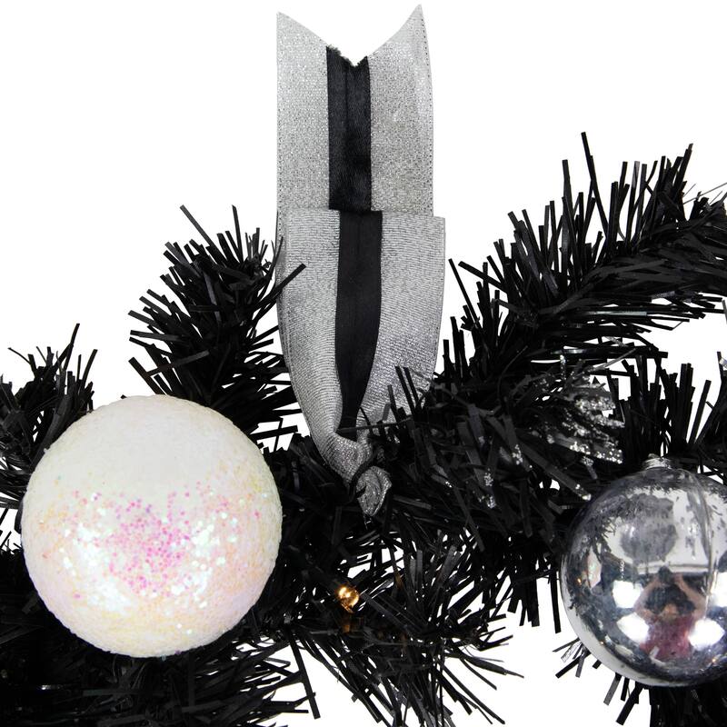 16" Decorated Black Pine Artificial Christmas Wreath Cool White LED