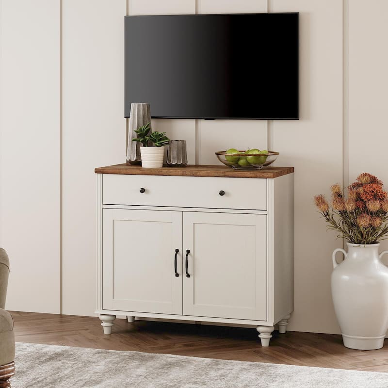 Farmhouse TV Stand for 75 inch TV, TV Console with Storage - 34 - Off White