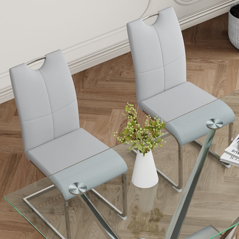 63" Glass Dining Table Set for 4, 5 Piece Dining Table and Chairs Set, Rectangular Table with 4 Faux Leather Chairs & Metal Legs