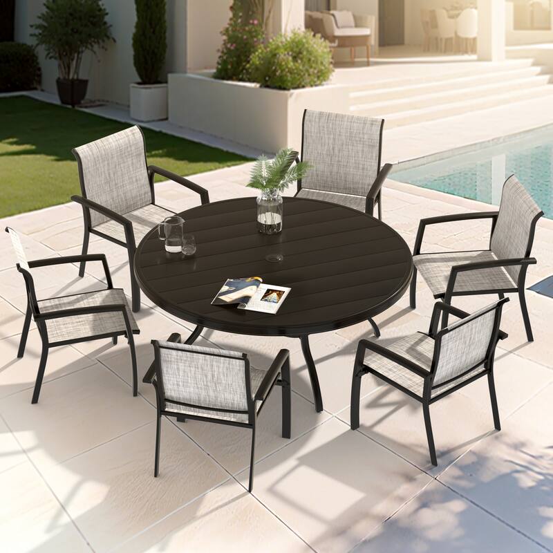 VRSHWO Outdoor Round Patio Dining Table for 4-6, All Weather Metal Dining Table with Umbrella Hole for Deck Lawn Garden Backyard