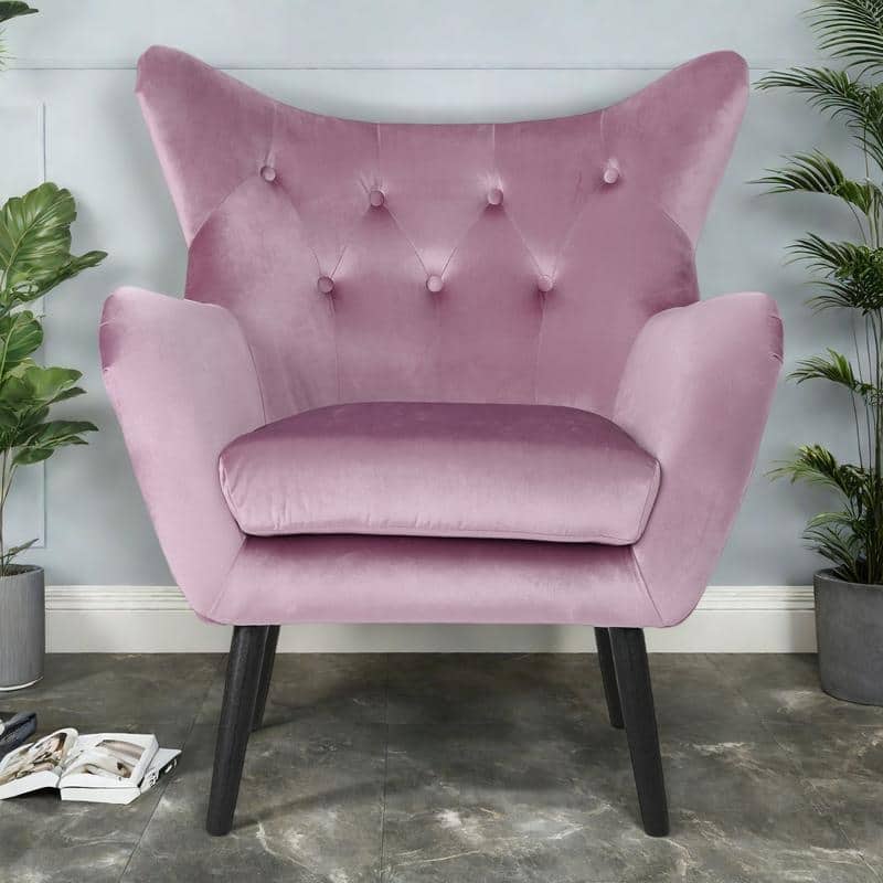 Velvet Mid-Century Armchair with Button and Tufted Wingback Design - Lavender