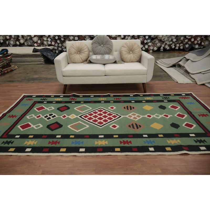 Hand Woven Oriental 100% Wool Carpet Southwestern Tribal Green Kilim Area Rug - 9' 8'' X 5' 1''