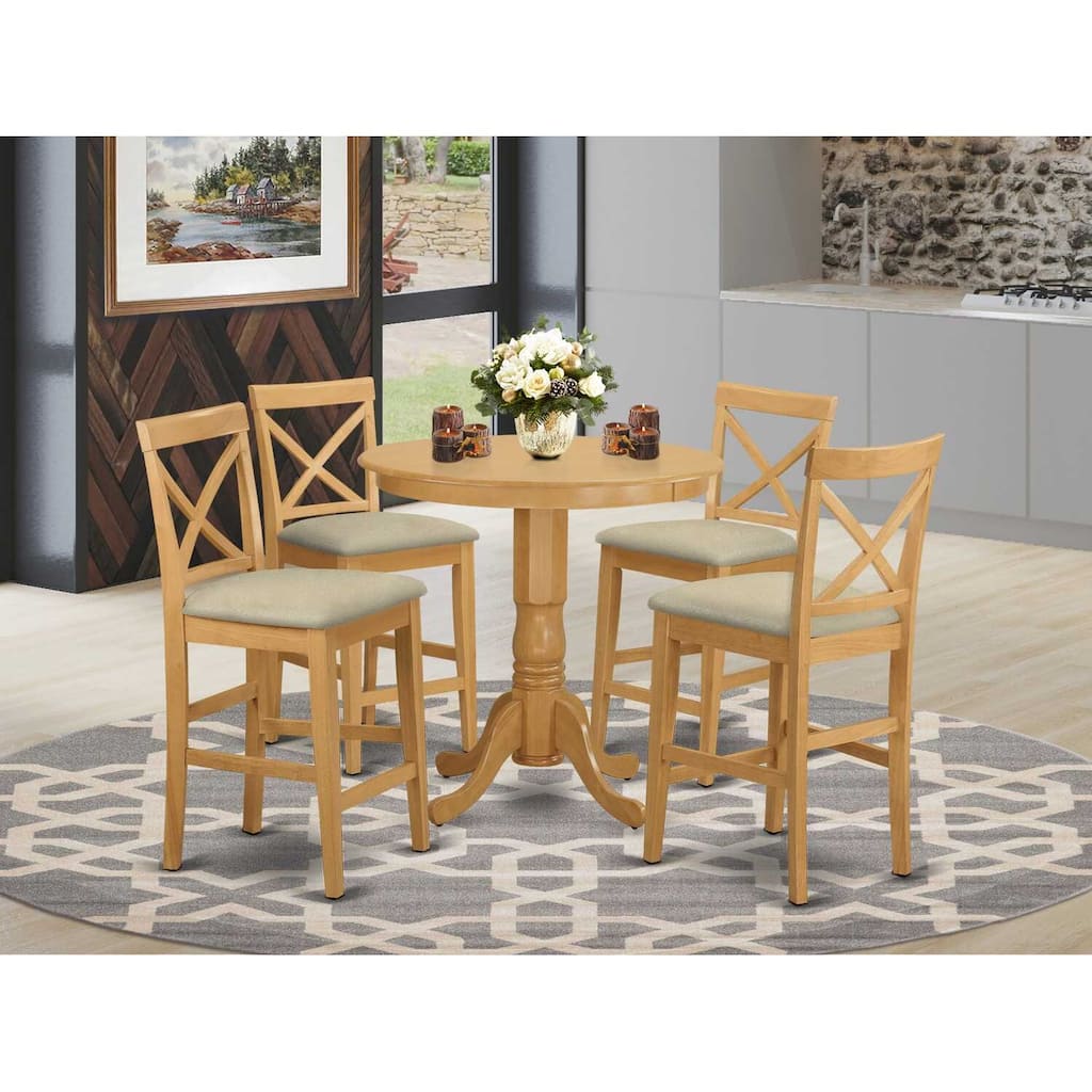 HomeStock 5-Piece Round Natural Oak Finish Solid Wood Top Dining table with 4 Chairs with Lattice Back