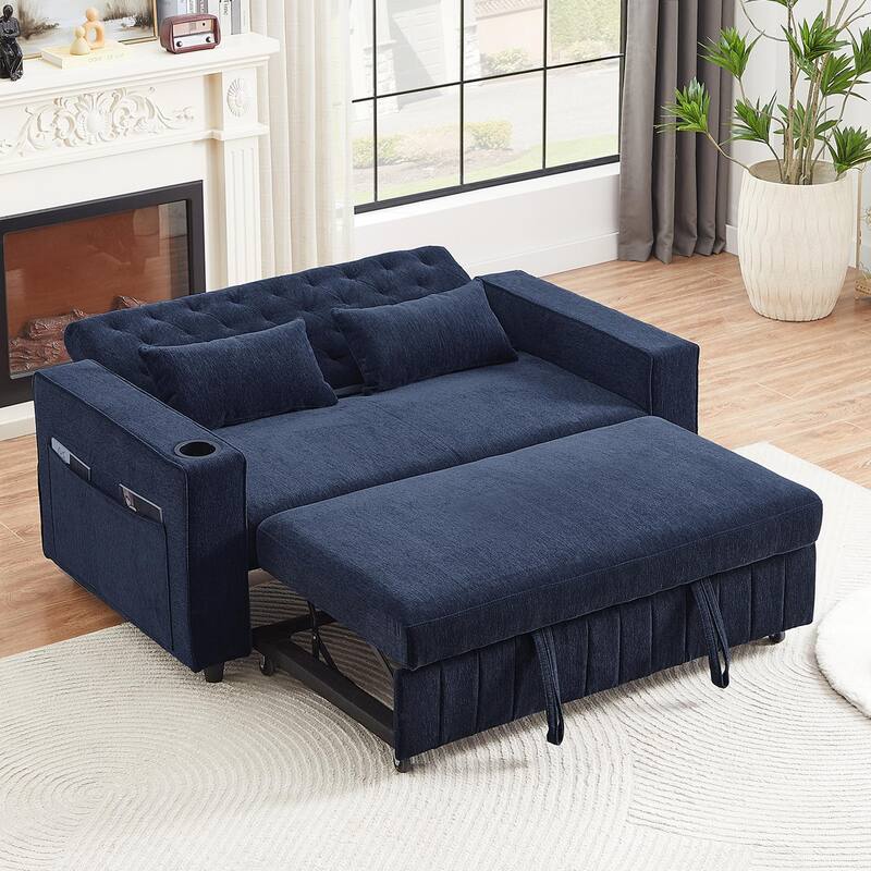 Chenille Pull-out Sofa Bed Convertible Couch, Loveseat Sofa with Adjustable Backrest, Storage Rack, Cup Holders, USB Ports