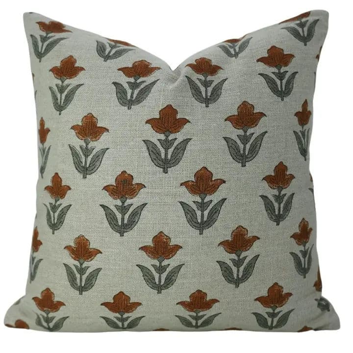 Fabdivine Decorative Brown Heavy Linen Floral Block Print Pillow Cover, Tulip