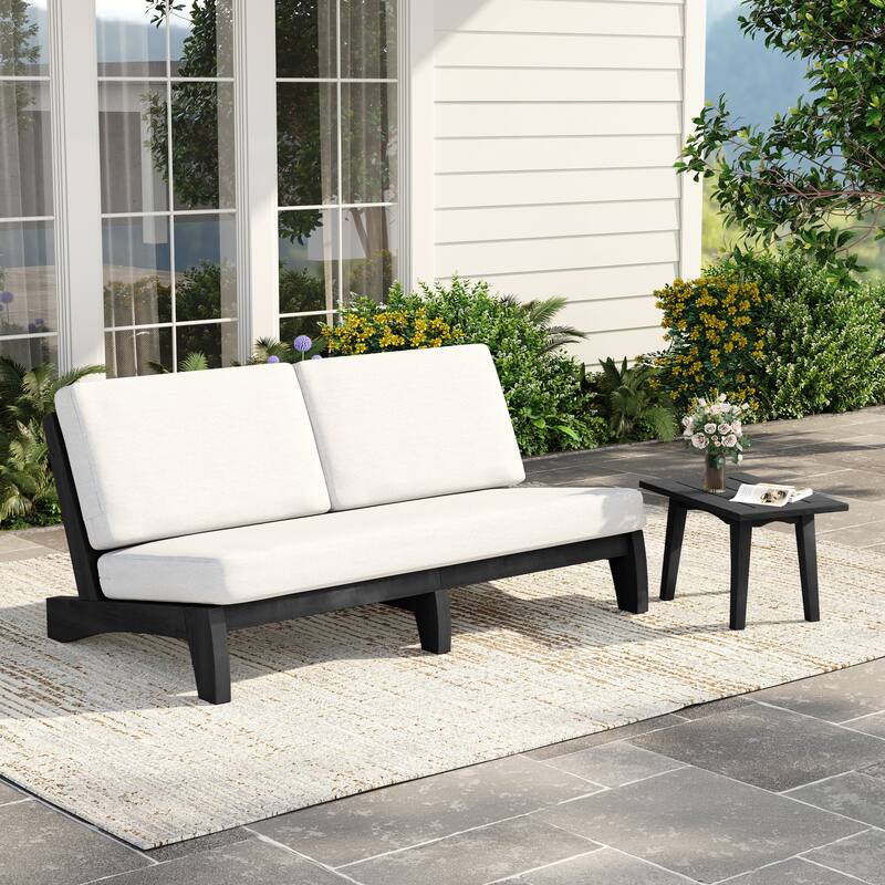 2-Piece Casual Teak Outdoor Patio Sofa Set with Side Table - Dark Wood - Beige