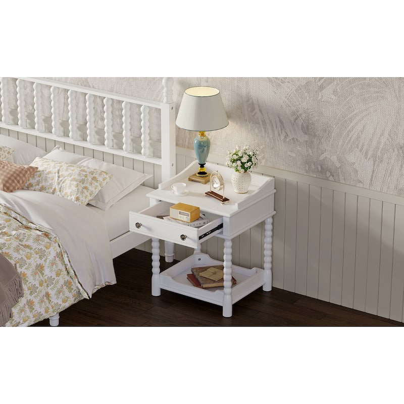 Charming White Retro Nightstand with Drawer and Open Shelf, Classic Bedside Table with Metal Handle