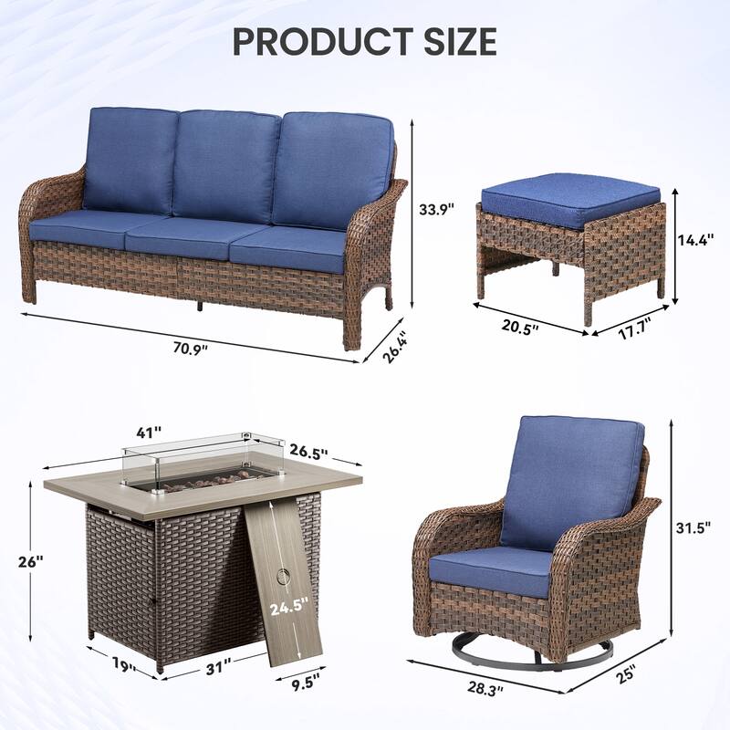 Pocassy Patio Funiture Sofa Swivel Chairs Ottoman with Fire Table Set