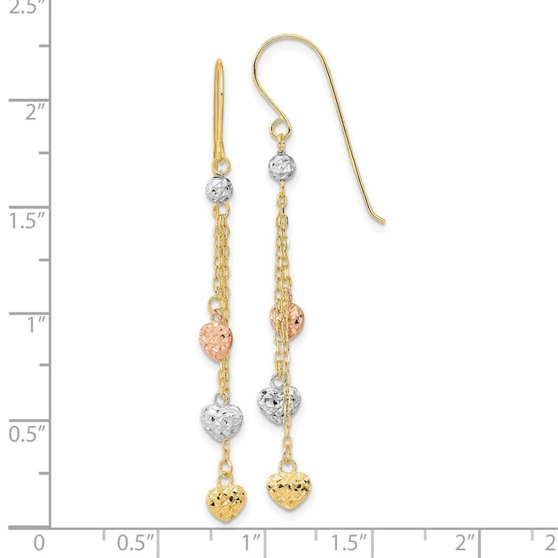 Curata 14k Tri color Gold 55x4.85mm Triple Heart Dangle Hook Earrings