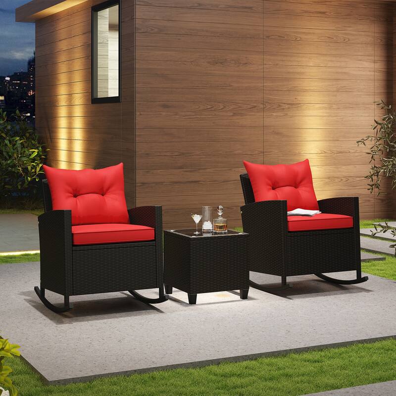 Gymax Set of 3 Wicker Rocking Set w/ Tempered Glass Table Patio
