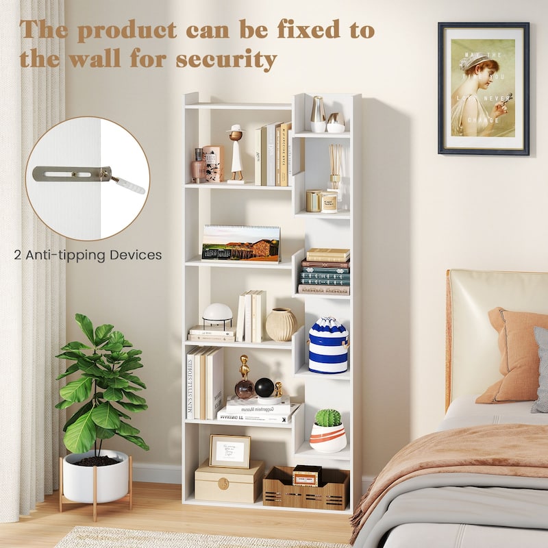 Engineered Wood 11-Shelf Bookcase with Anti-Tip Kits and Floor Pads - 27" L x 9" W x 64" H