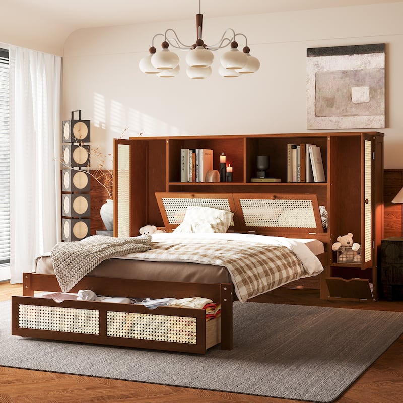 Twin Size Wooden Bed w/ 2 Storage Lockers, Drawer & Storage Shelf on Headboard, Multifunctional Platform Bed, Walnut - Brown