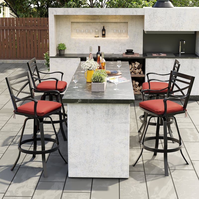 Outdoor Patio Swivel Bar Stool Aluminum Bar Chair with Sunbrella Cushion - 4-piece set, red cushion